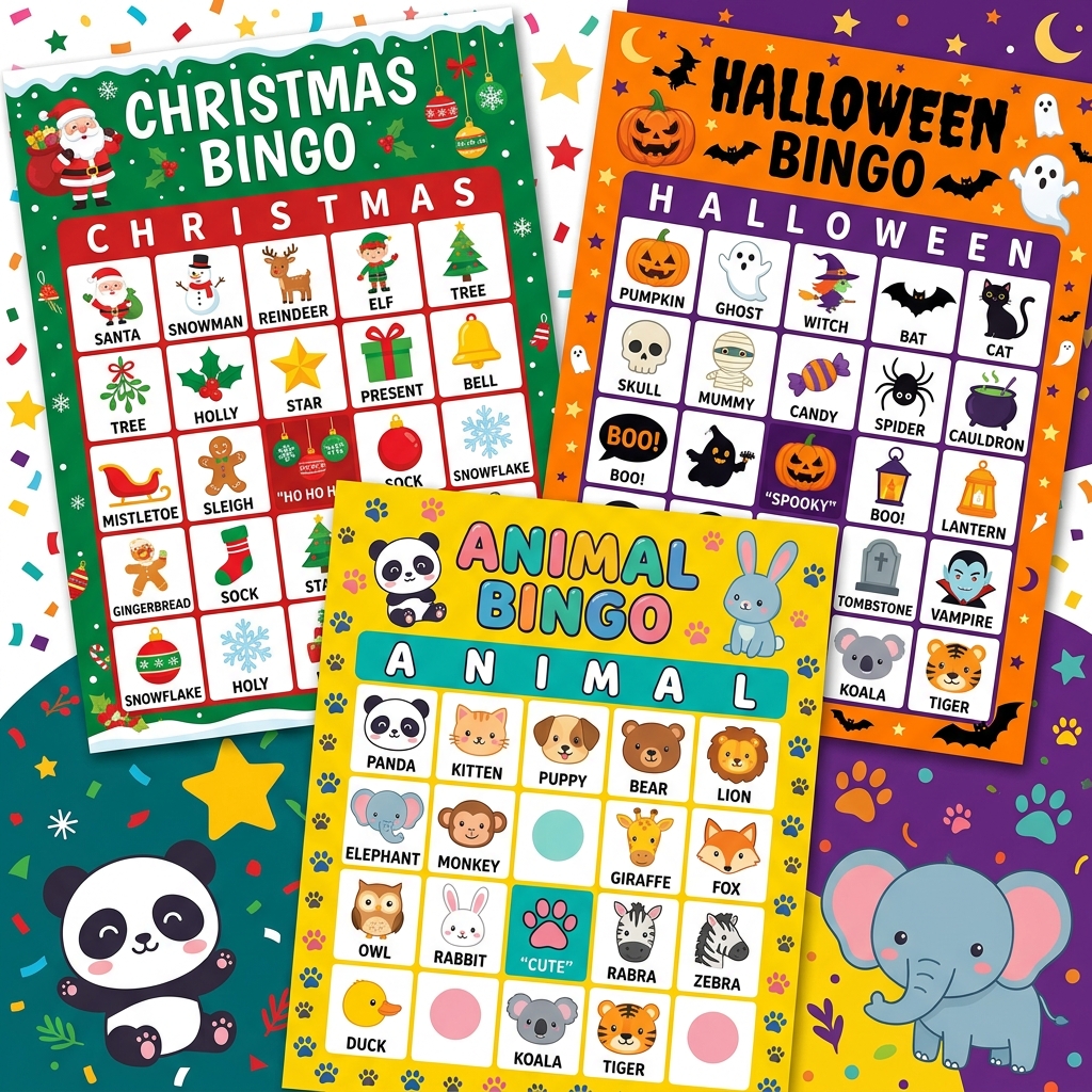 Bingo de Frutas, Animales, Halloween, Navidad
